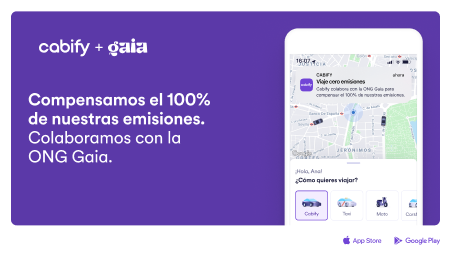Ejemplo cobranding 90% Cabify y 10% Gaia: "Compensamos el 100% de nuestras emisiones. Colaborando con la ONG Gaia"